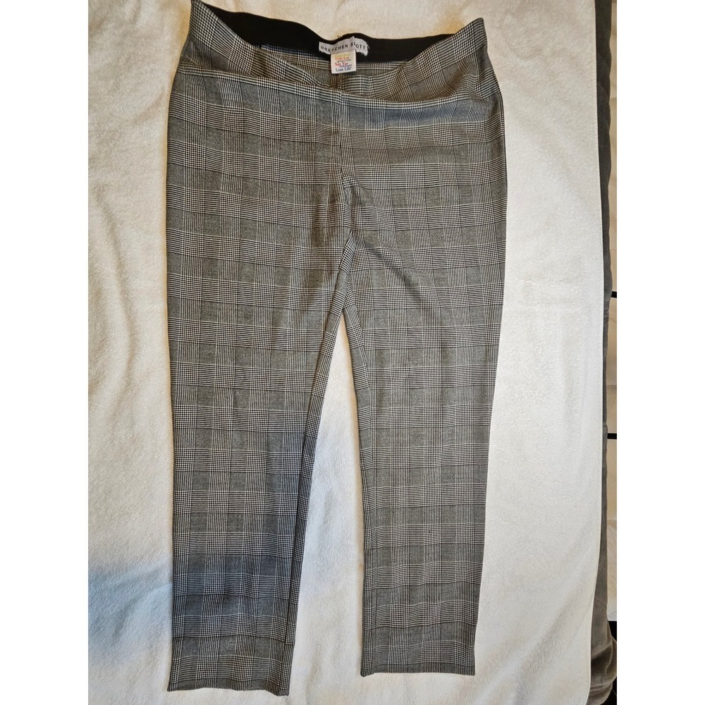 Gretchen Scott Glen Plaid Ankle Pants Black White Elastic Waist Stretch Slim Leg
